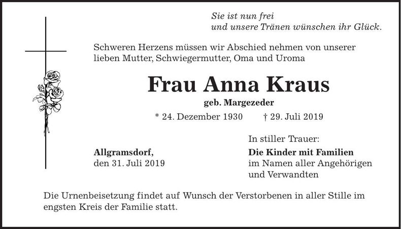 Traueranzeige Anna Kraus