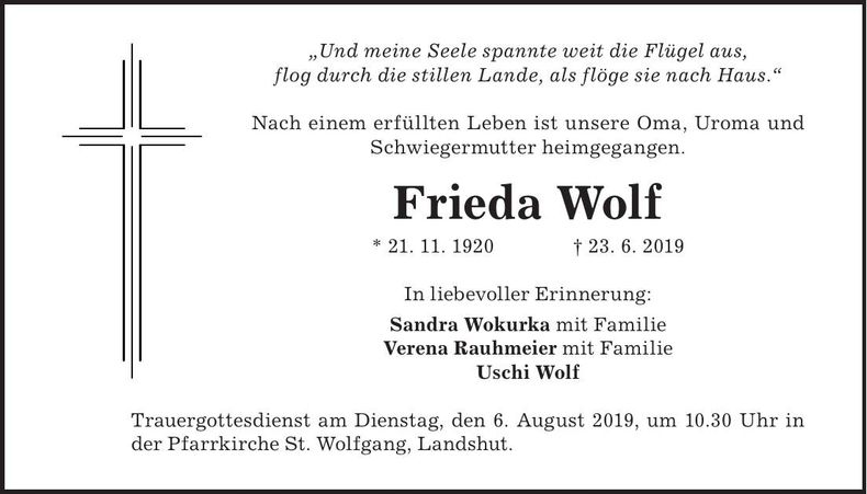 Traueranzeige Frieda Wolf