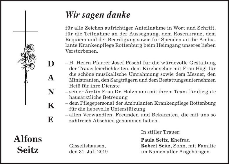 Traueranzeige Alfons Seitz