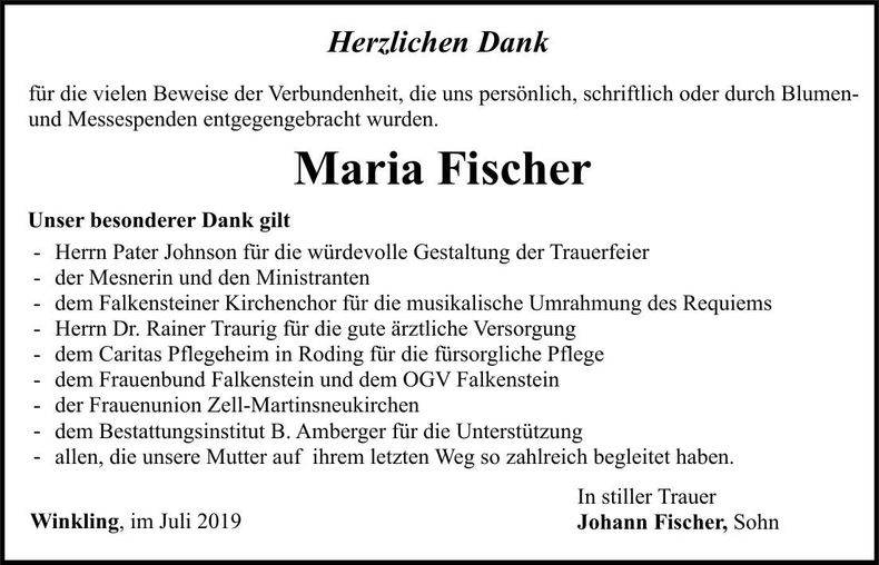 Traueranzeige Maria Fischer