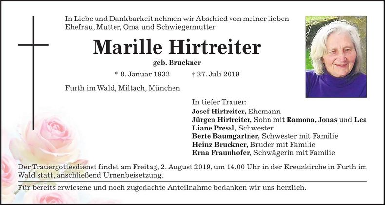 Traueranzeige Marille Hirtreiter