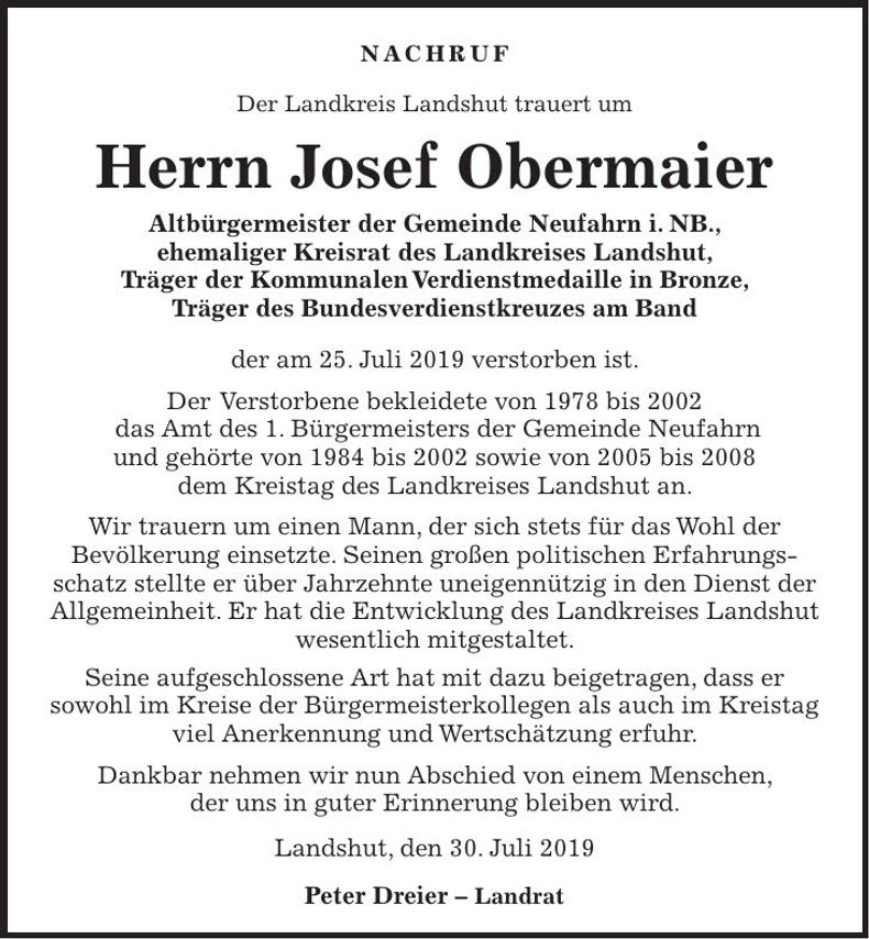 Traueranzeige Josef Obermaier