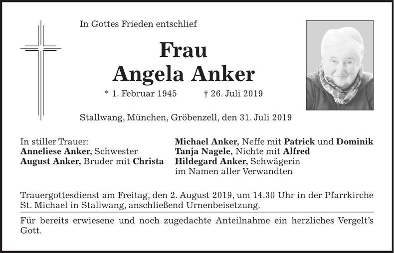 Traueranzeige Angela Anker