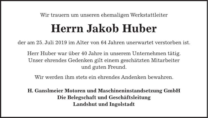 Traueranzeige Jakob Huber