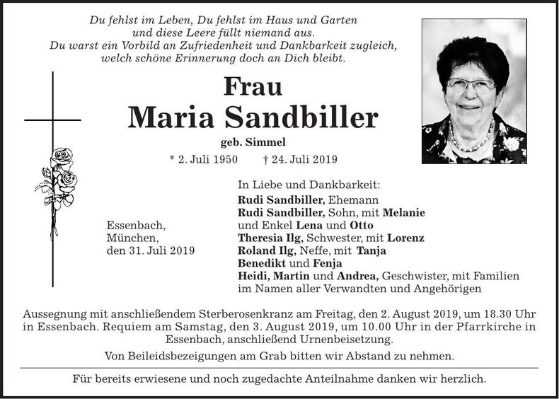 Traueranzeige Maria Sandbiller