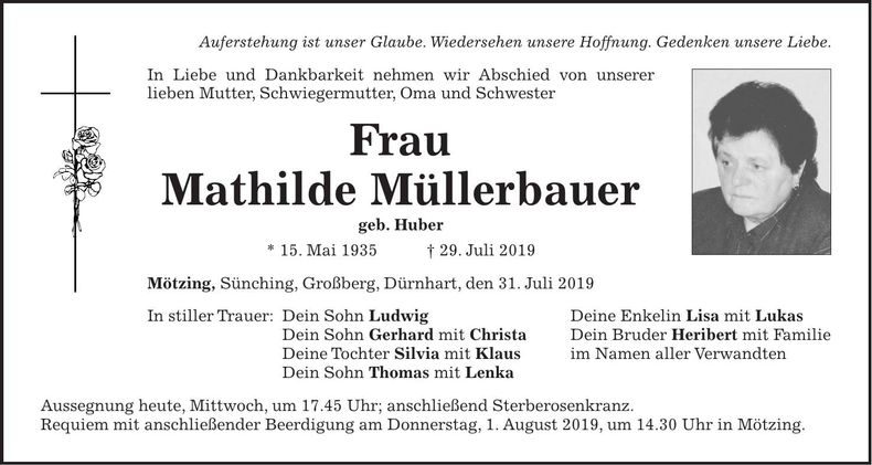 Traueranzeige Mathilde Müllerbauer