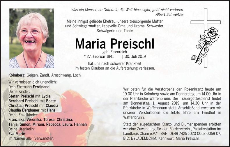 Traueranzeige Maria Preischl