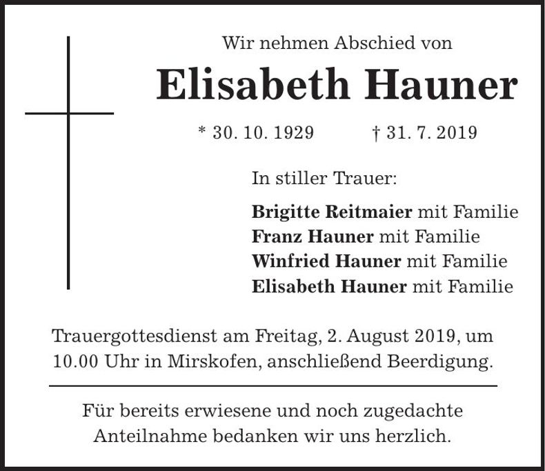 Traueranzeige Elisabeth Hauner
