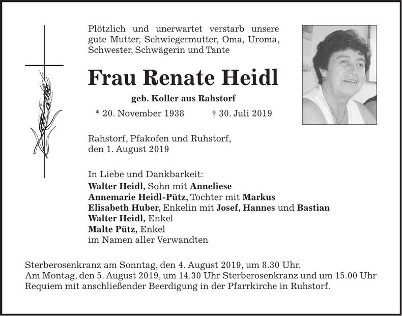 Traueranzeige Renate Heidl