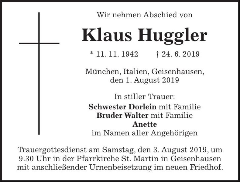 Traueranzeige Klaus Huggler