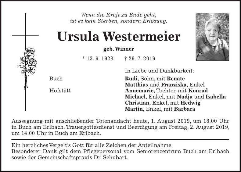 Traueranzeige Ursula Westermeier