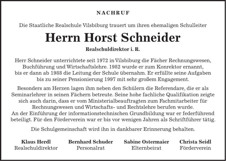 Traueranzeige Horst Schneider
