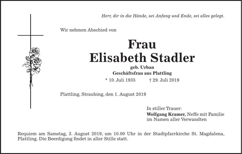 Traueranzeige Elisabeth Stadler