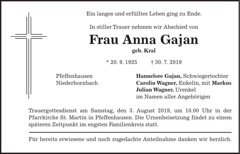 Traueranzeige Anna Gajan