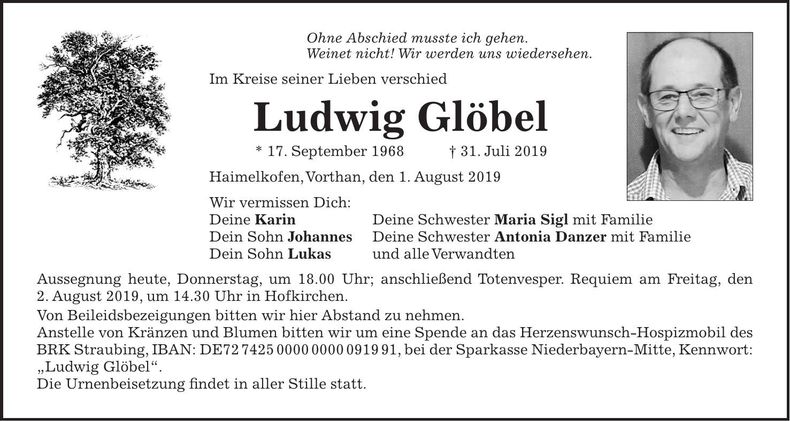 Traueranzeige Ludwig Glöbel
