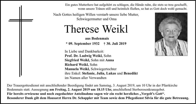 Traueranzeige Weikl Theresa