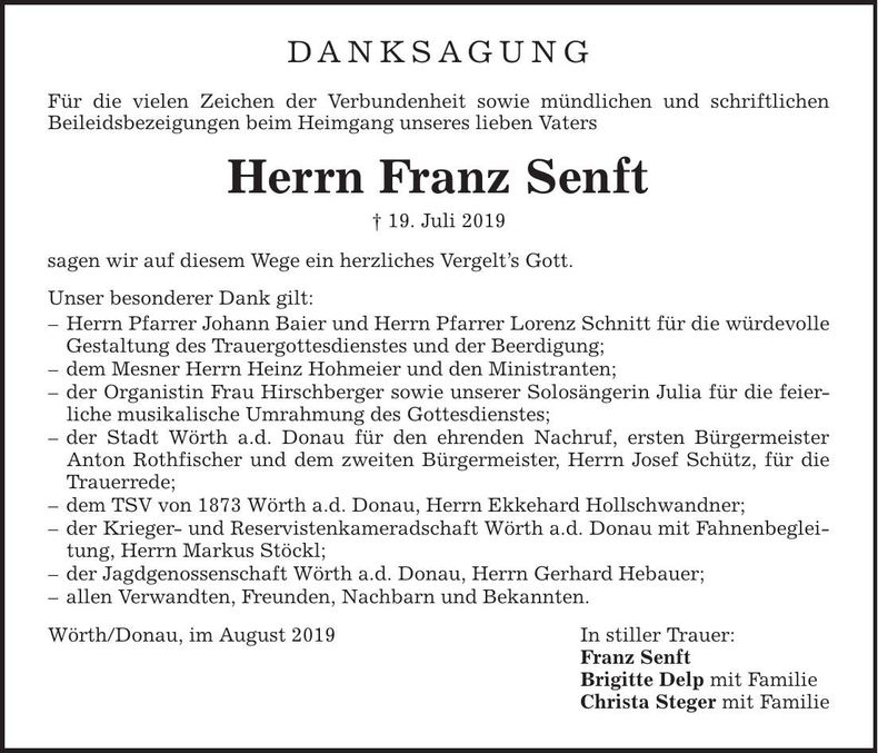 Traueranzeige Franz Senft