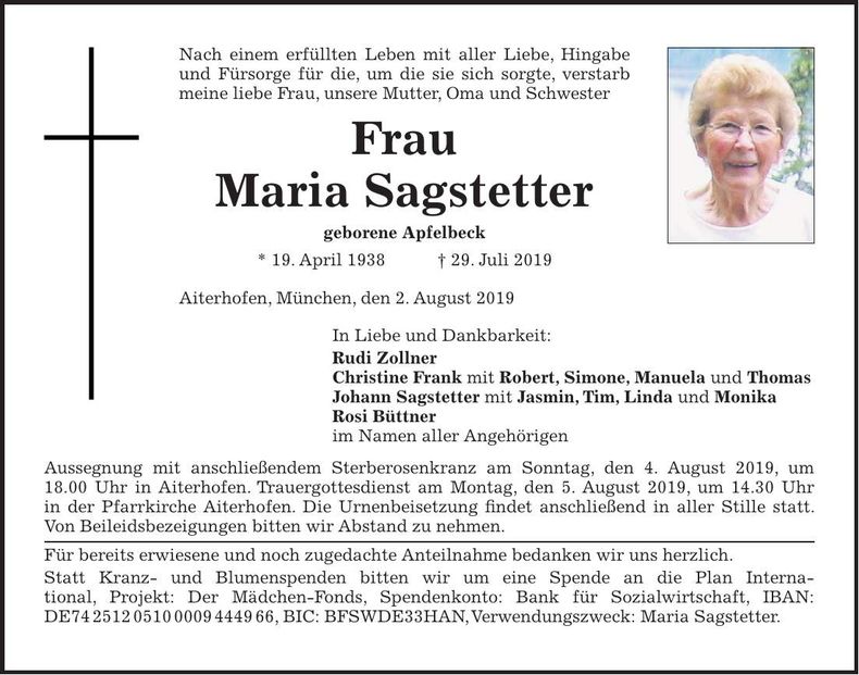 Traueranzeige Maria Sagstetter