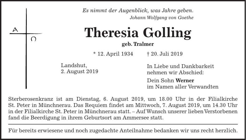 Traueranzeige Theresia Golling