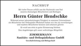 Traueranzeige Günter Hendschke