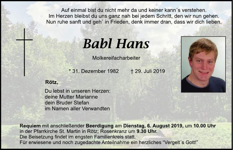 Traueranzeige Hans Babl