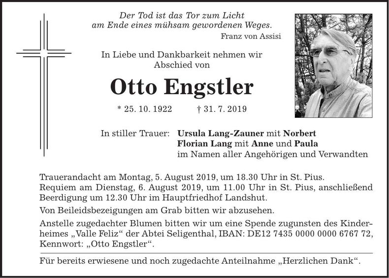 Traueranzeige Otto Engstler