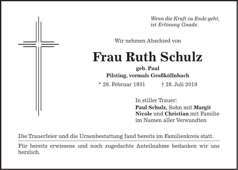 Traueranzeige Ruth Schulz