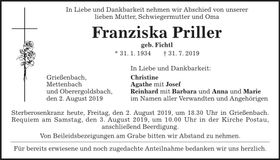 Traueranzeige Franziska Priller