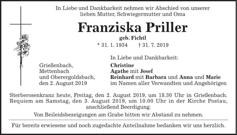 Traueranzeige Franziska Priller