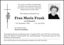 Traueranzeige Maria Frank