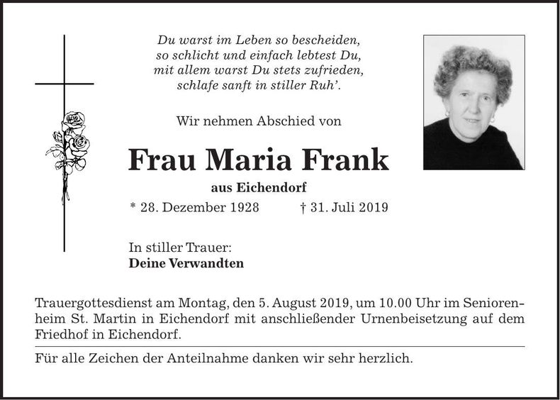 Traueranzeige Maria Frank