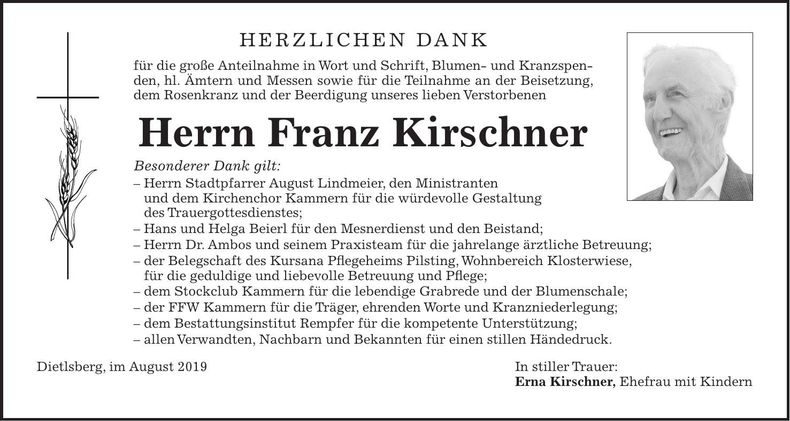 Traueranzeige Franz Kirschner