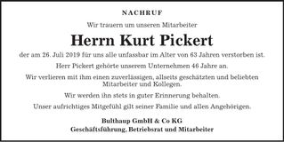 Traueranzeige Kurt Pickert