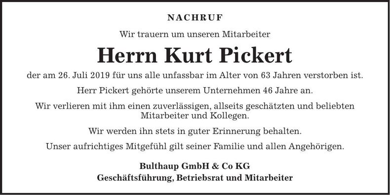 Traueranzeige Kurt Pickert