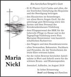 Traueranzeige Maria Nickl