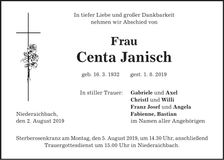 Traueranzeige Centa Janisch