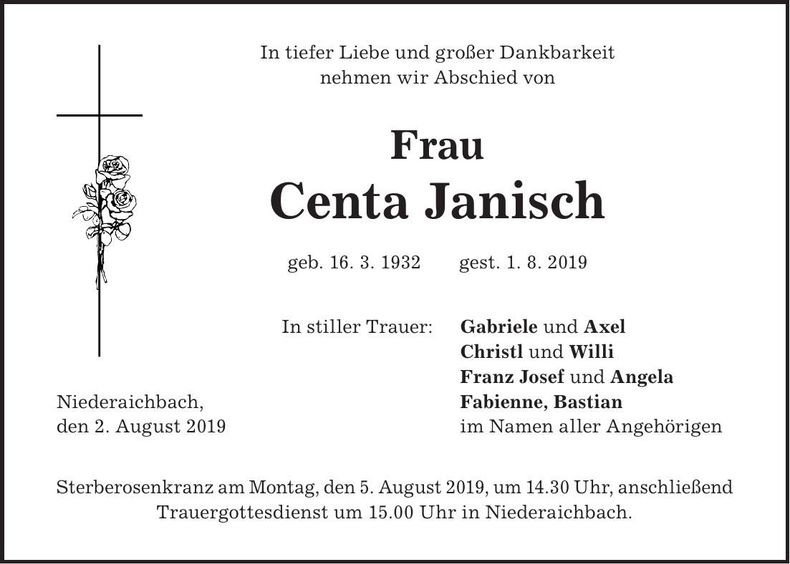 Traueranzeige Centa Janisch