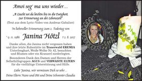 Traueranzeige Janina Hötzl