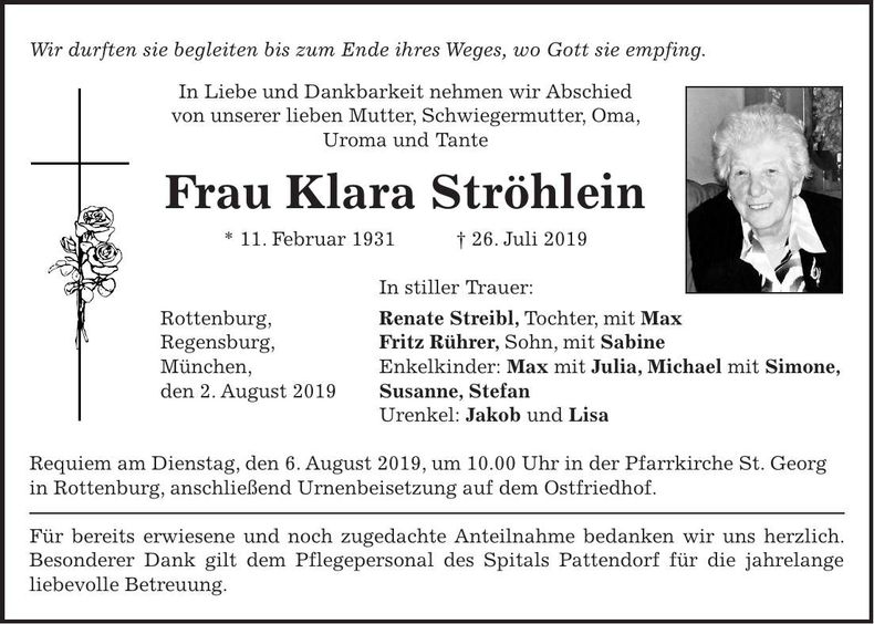 Traueranzeige Klara Ströhlein