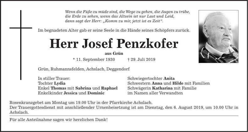 Traueranzeige Josef Penzkofer