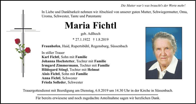 Traueranzeige Maria Fichtl