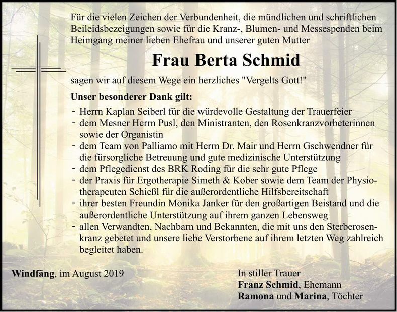 Traueranzeige Berta Schmid