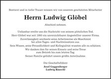 Traueranzeige Ludwig Glöbel