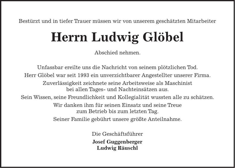 Traueranzeige Ludwig Glöbel