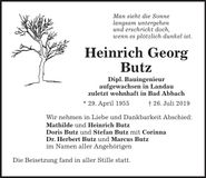 Traueranzeige Heinrich Georg Butz