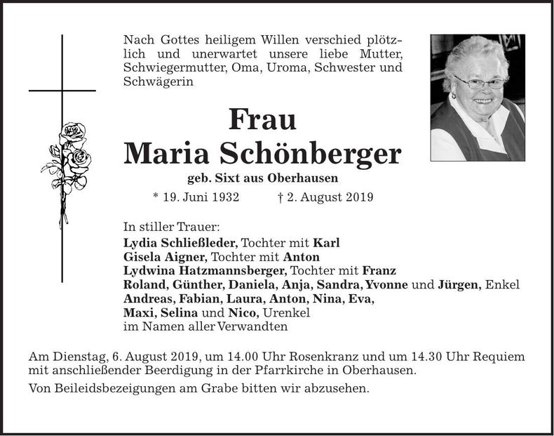 Traueranzeige Maria Schönberger