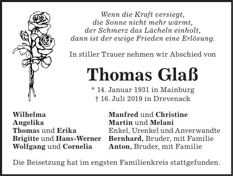 Traueranzeige Thomas Glaß