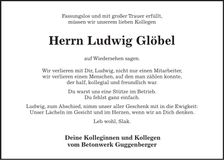 Traueranzeige Ludwig Glöbel
