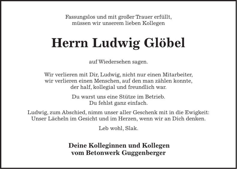 Traueranzeige Ludwig Glöbel