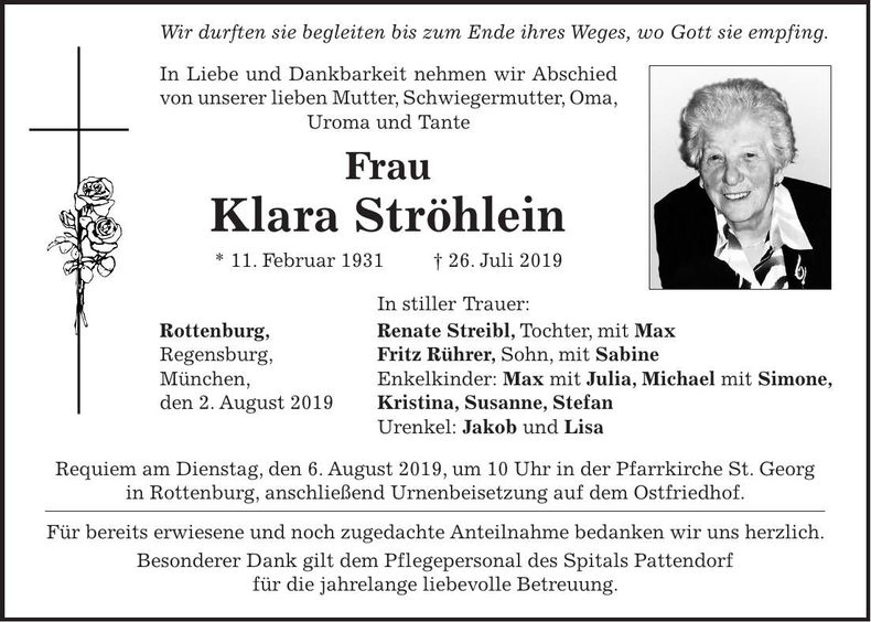 Traueranzeige Klara Ströhlein